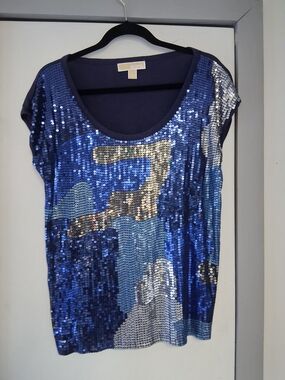 Michael Kors Blue and Silver Sequin Scoop Neck Top